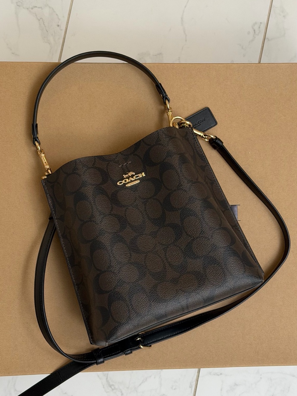 Coach Brown Signature Bucket Shoulder Bag with Gold Hardware